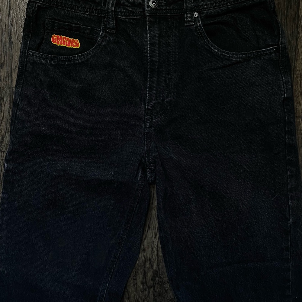 Black Denim Jeans with Red Embroidery